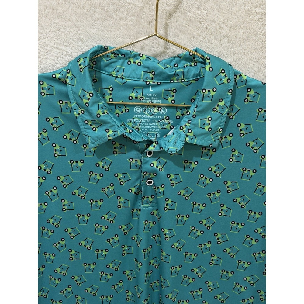 Performance Polo Shirt Mens Large Golf Cart All Over Print Stretch Short Sleeve